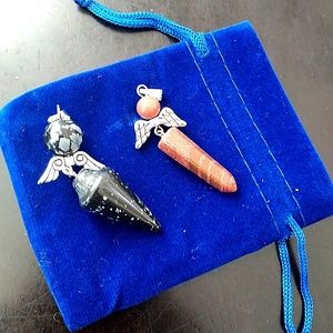 Lot of 2 Pendants - Red Jasper Snowflake Obsidian Silver Angel Wings Necklace
